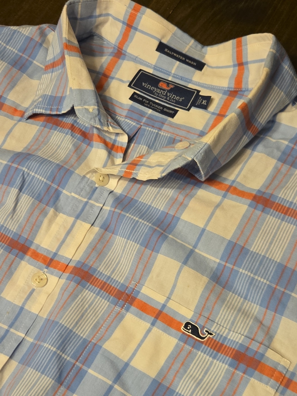 Vineyard Vines Men’s Blue, White & Orange Plaid Button-Up Shirt